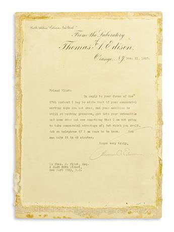 EDISON, THOMAS A. Typed Letter Signed, to IBM founder Charles R. Flint (Friend Flint),